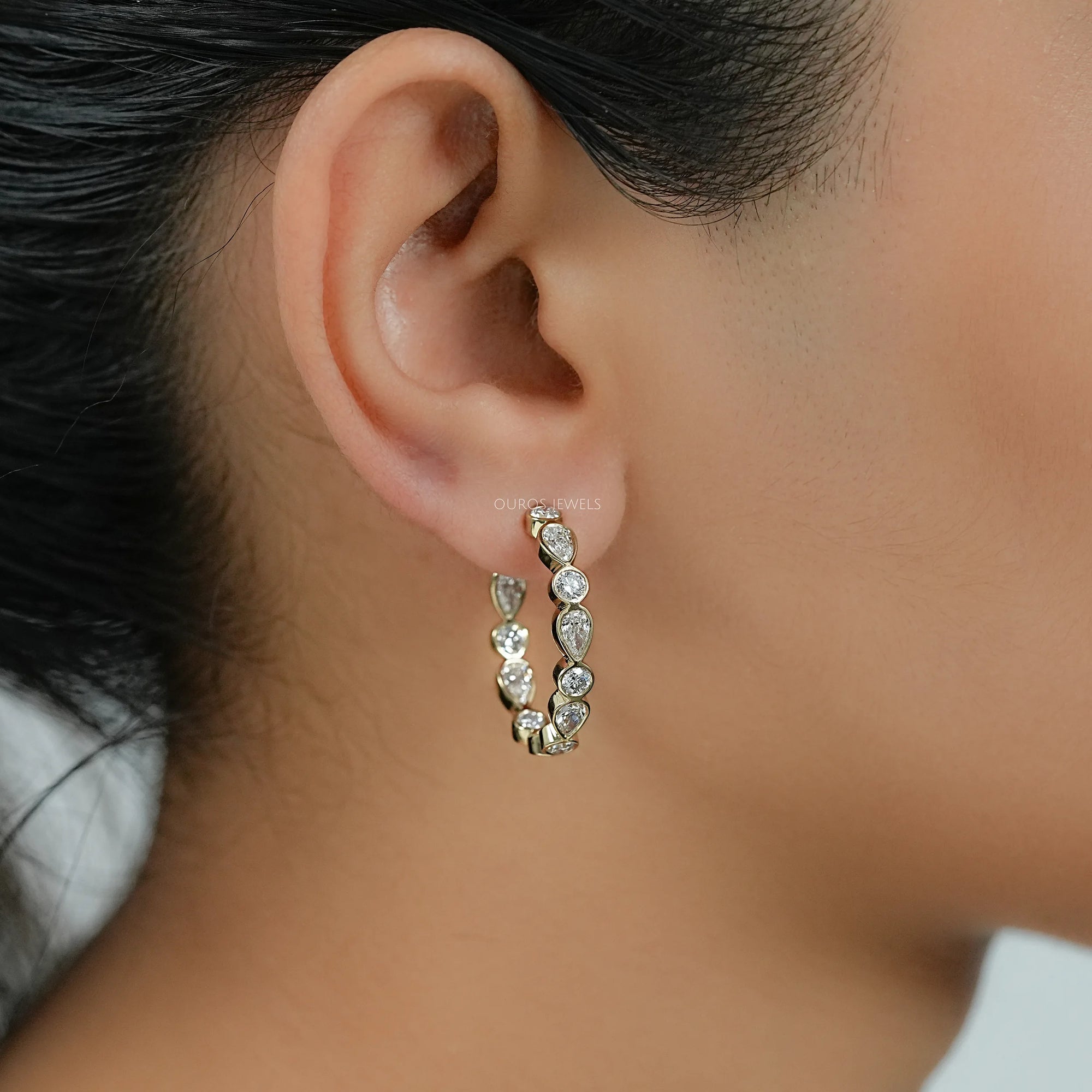 Pear And Round Diamond Bezel Set C Hoop Earrings