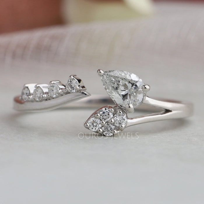Pear and Round Diamond Open Leaf Wedding Ring