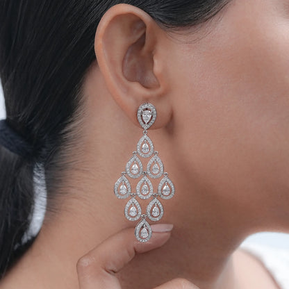 Pear Diamond Halo Set Dangle Chandelier Earrings