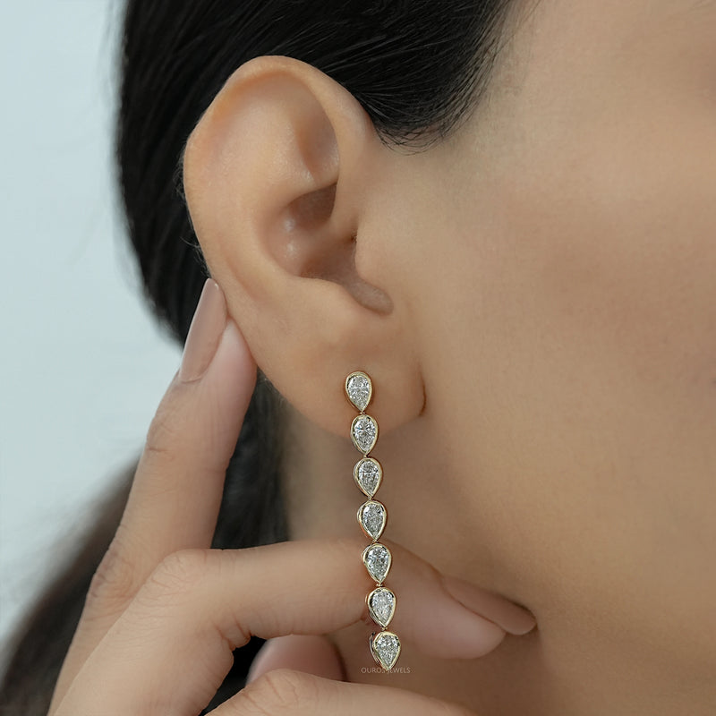 Bezel Set Pear Lab Grown Diamond Linear Drop Earrings