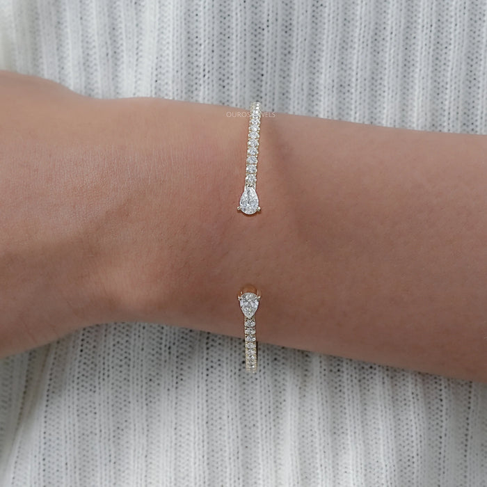 Pear And Round Cut Lab Diamond Open Cuff Bangle 
