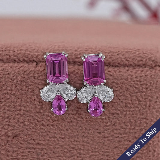 Lab Pink Emerald Gemstone Stud Earrings Earrings