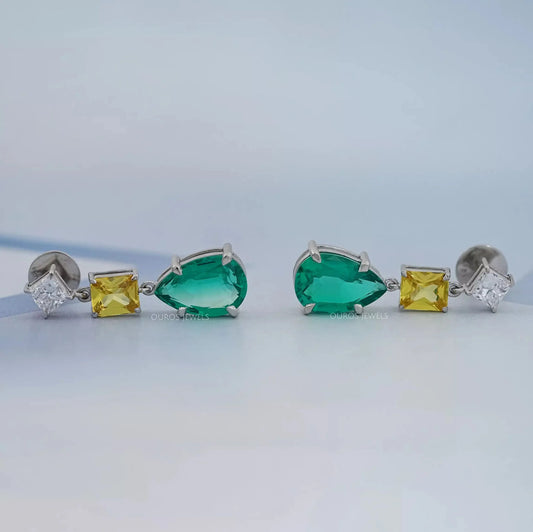Green Pear And Yellow Radiant Diamond Drop Earrings Earrings