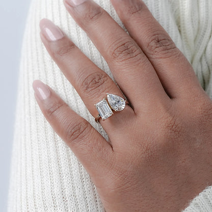 Pear And Emerald Diamond Two Stone Ring Ring