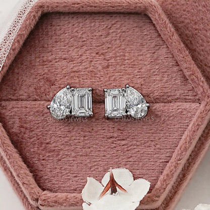 Emerald and Heart Lab Grown Diamond Toi Et Moi Earrings