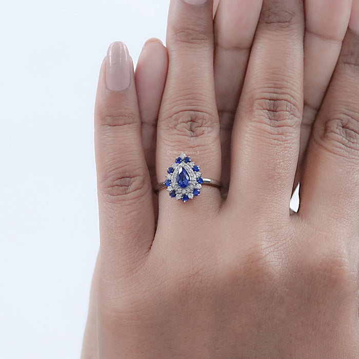 Sapphire Pear And Double Halo Engagement Ring