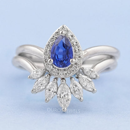Sapphire Pear Carved Wedding Ring