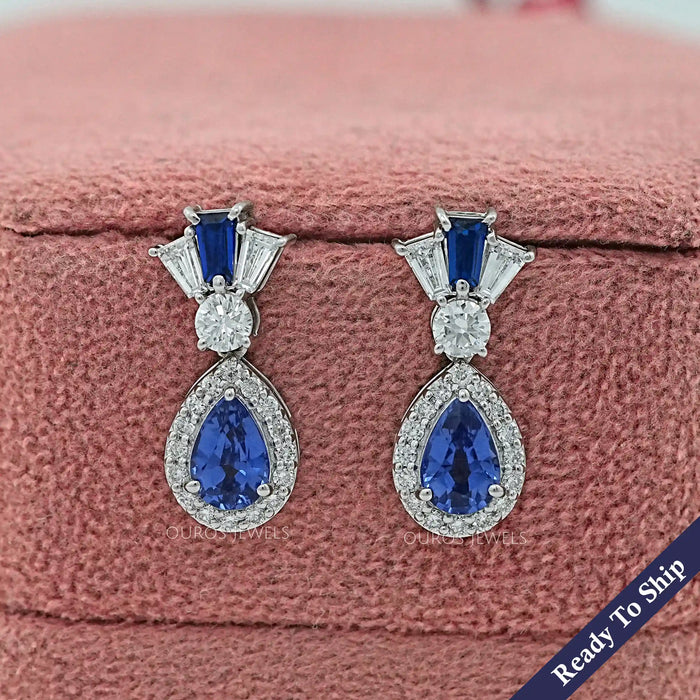 Pear Blue Gemstone And Tapered Baguette Halo Drop Earrings