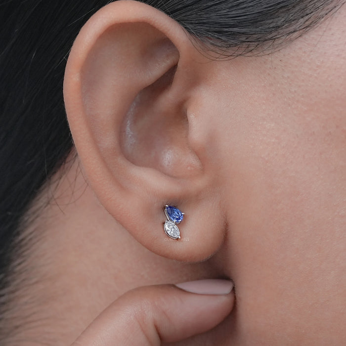 Two Stone Sapphire Pear And Marquise Diamond Stud Earrings