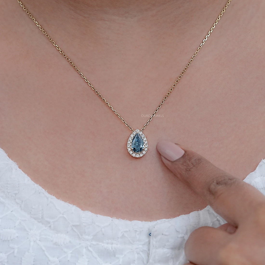 Blue Pear Lab Diamond Halo Pendant Necklaces