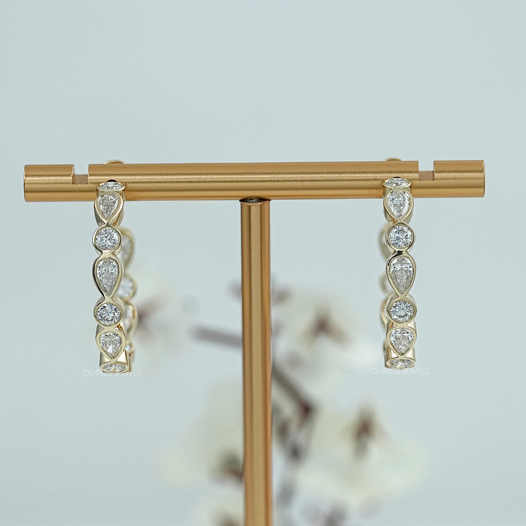 Pear And Round Diamond Bezel Set C Hoop Earrings