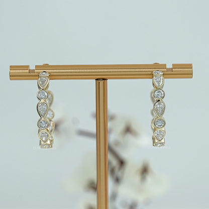 Pear And Round Diamond Bezel Set C Hoop Earrings