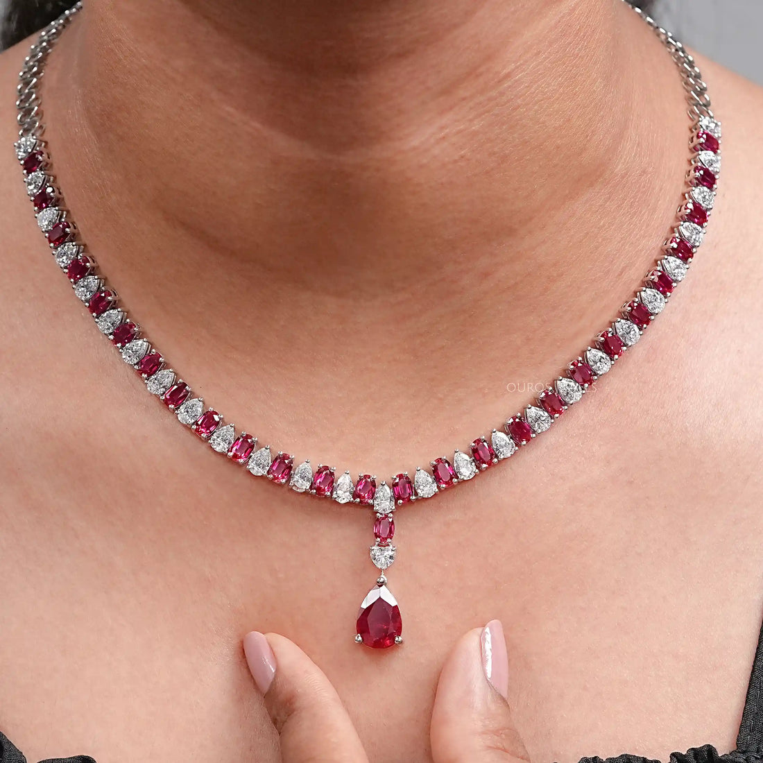 Ruby Pear And Oval Gemstone Necklace