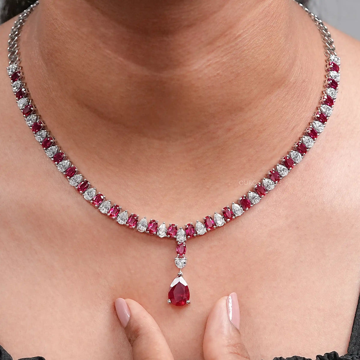 Ruby Pear And Oval Gemstone Necklace