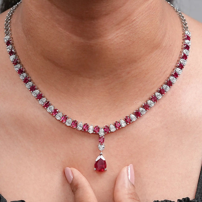 Ruby Pear And Oval Gemstone Necklace
