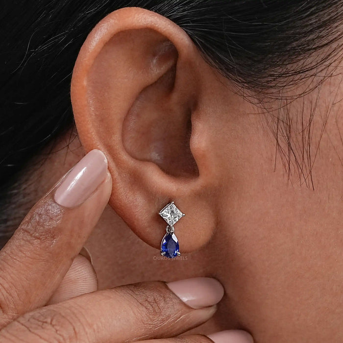 Sapphire Pear And Lab Diamond Two Stone Earrings