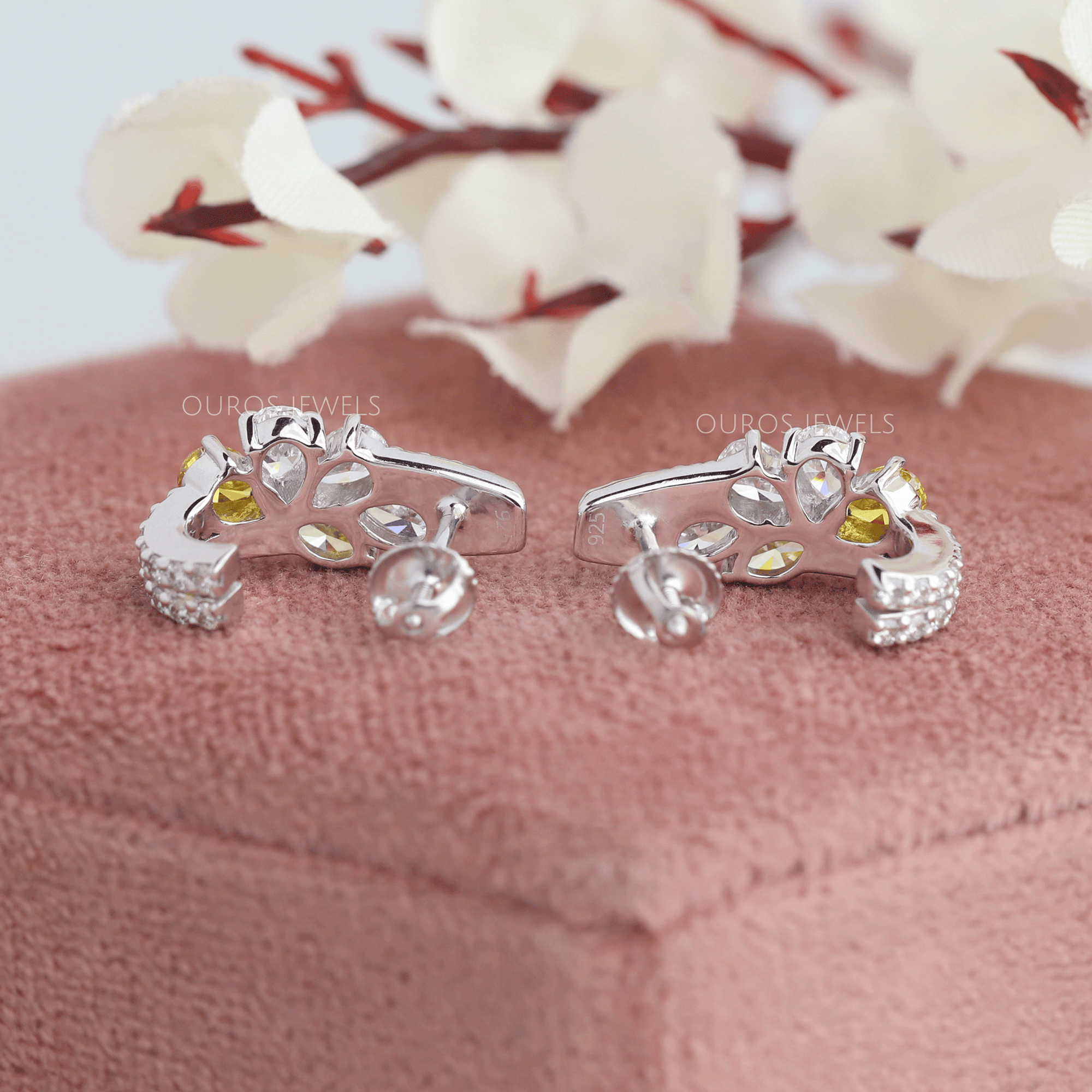 Yellow Pear And Round Cut Cluster Diamond Earrings Earrings