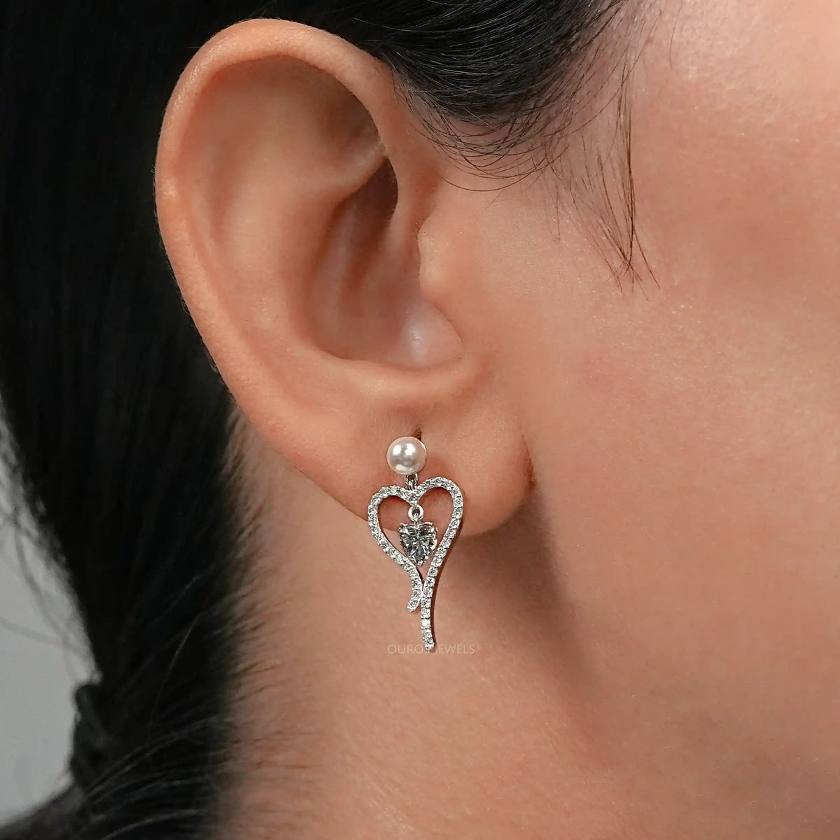 Olive Heart Diamond Pearl Drop Earrings