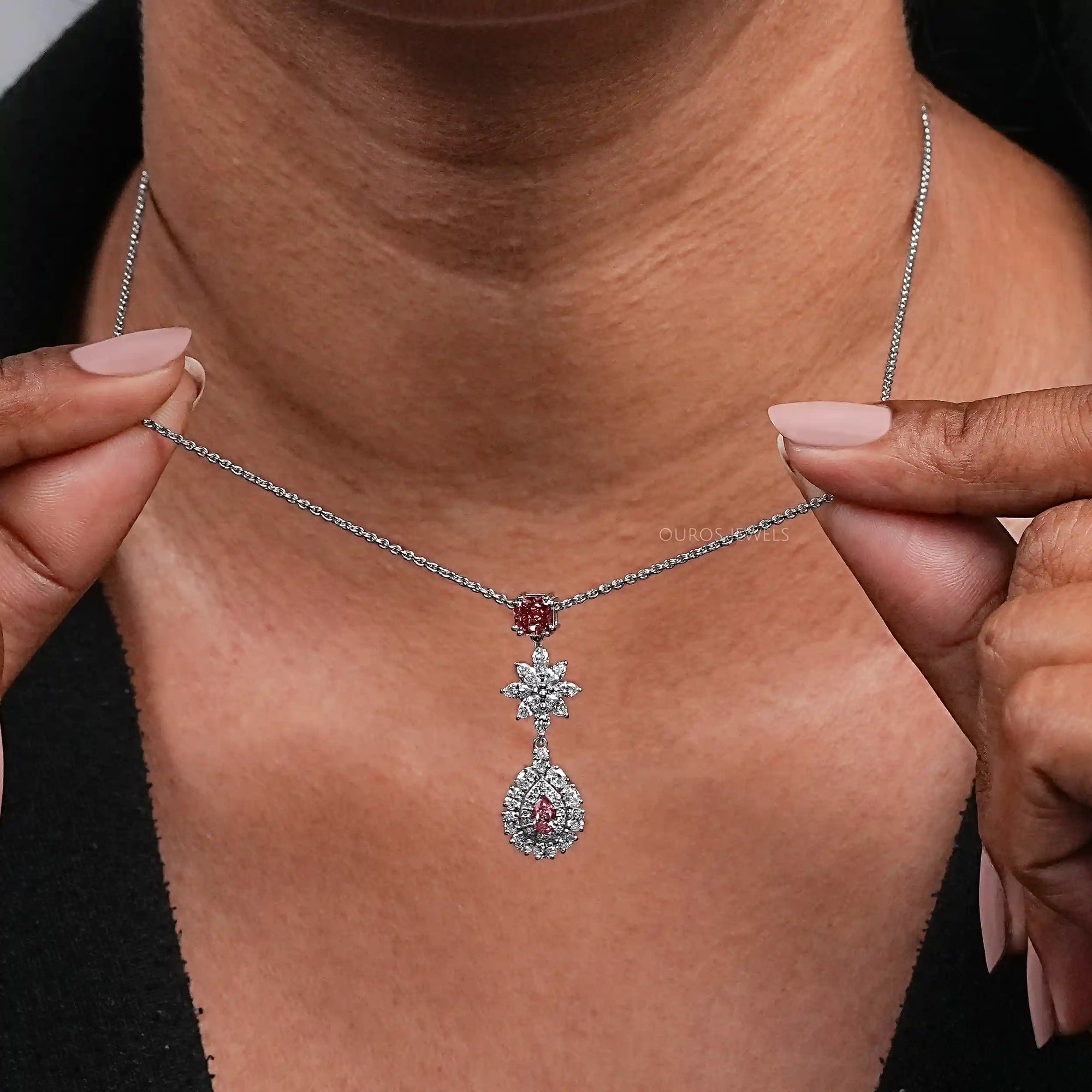 Pear Shape Double Halo Diamond Drop Pendant Necklace Necklaces