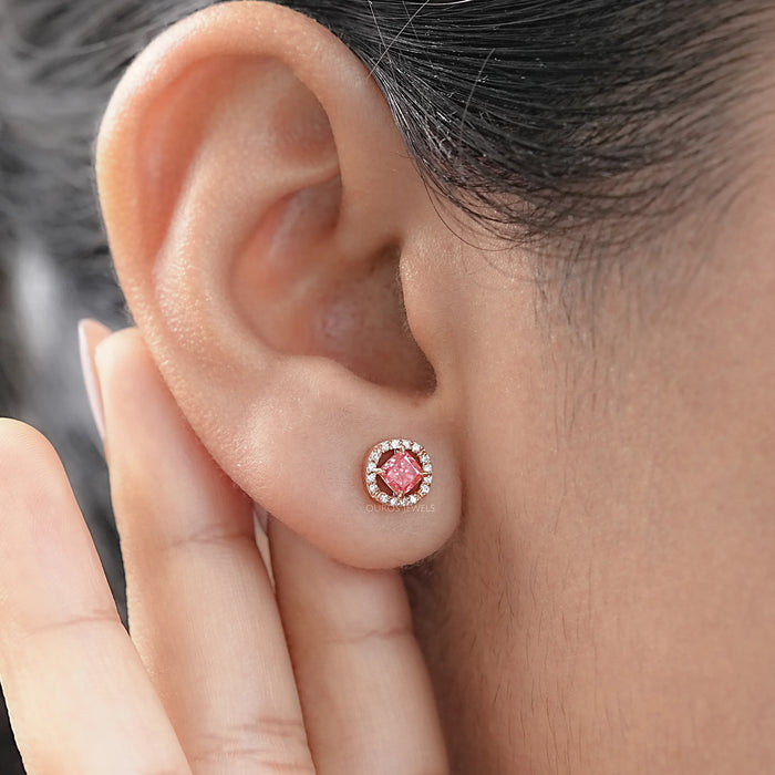 Halo Stud Pink Sapphire Earrings