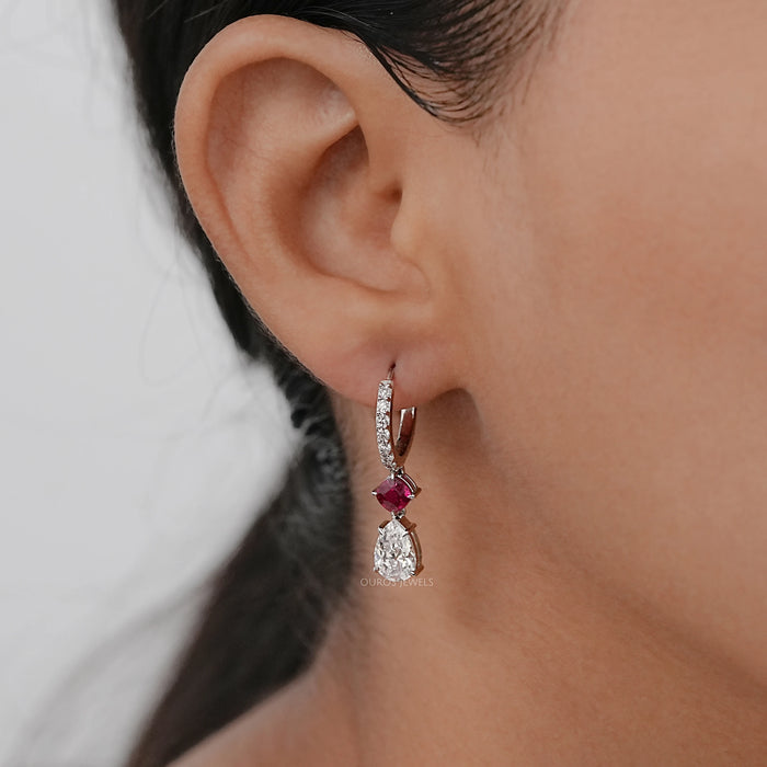 Old Mine Pear Diamond And Ruby Cushion Drop Hoop Earrings
