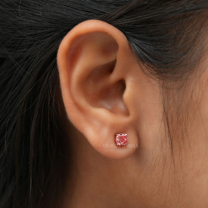 Fancy Pink Cushion Cut Diamond Stud Earrings