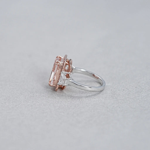side view of pink cushion-cut lab diamond halo 3 stone colored engagement ring