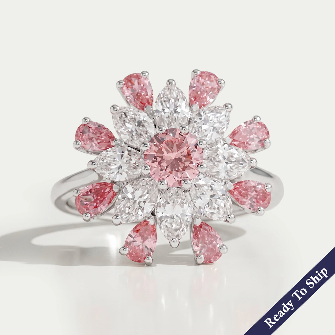 Pink Round Diamond Floral Style Cluster Ring Ring