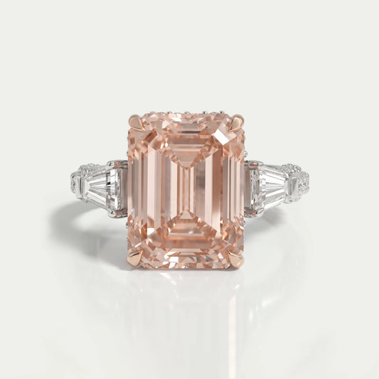 Pink Emerald Lab Diamond Three Stone Hidden Halo Ring Rings