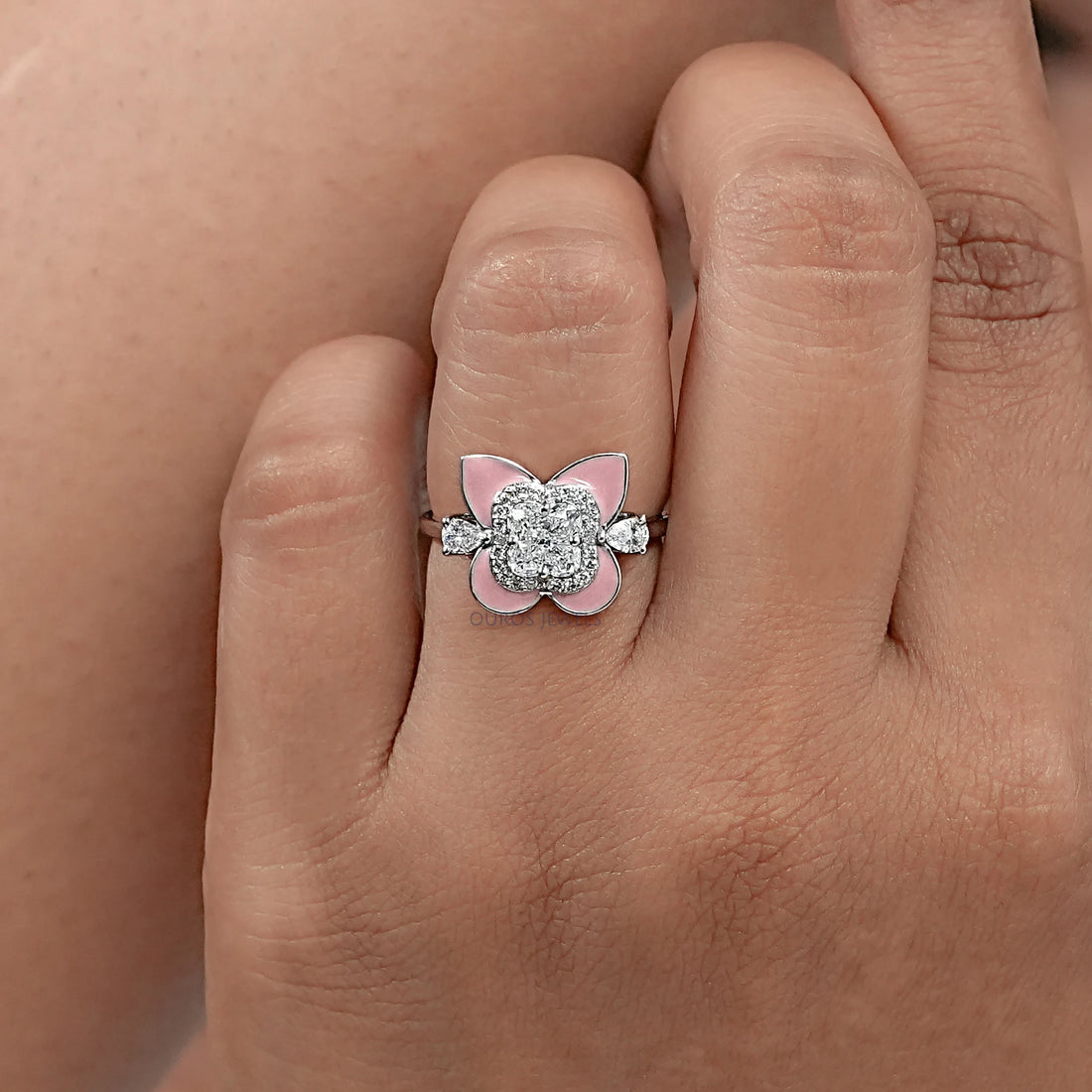 Floral Diamond With Pink Enamel Ring Ring