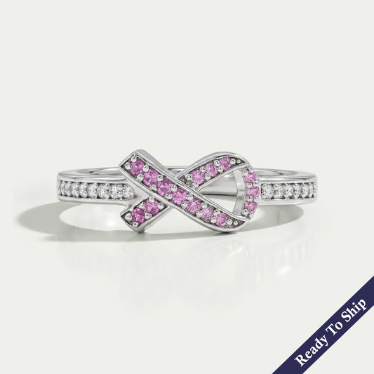 Round Pink Gemstone Cancer Ribbon Accent Ring Ring