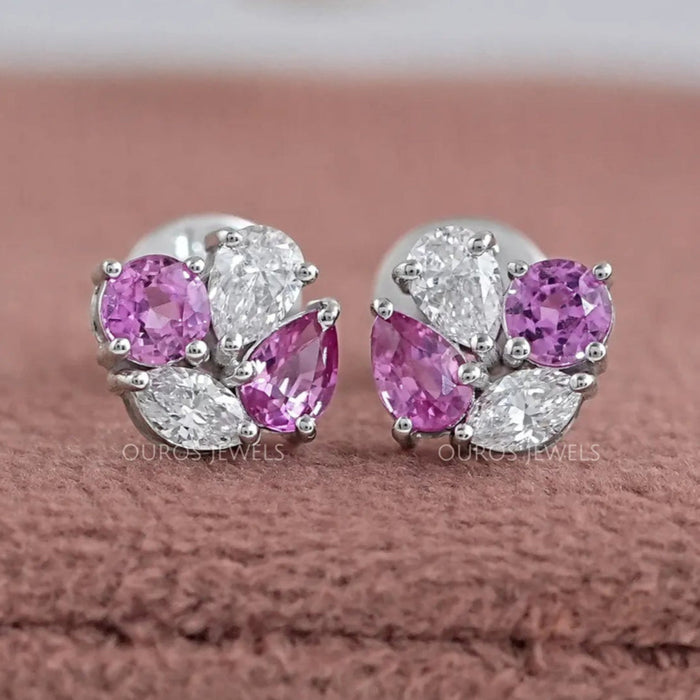 Pink Pear And Round Diamond Cluster Earrings