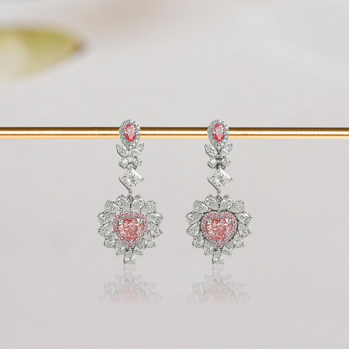 Pink Heart Cut Diamond Halo Drop Earrings