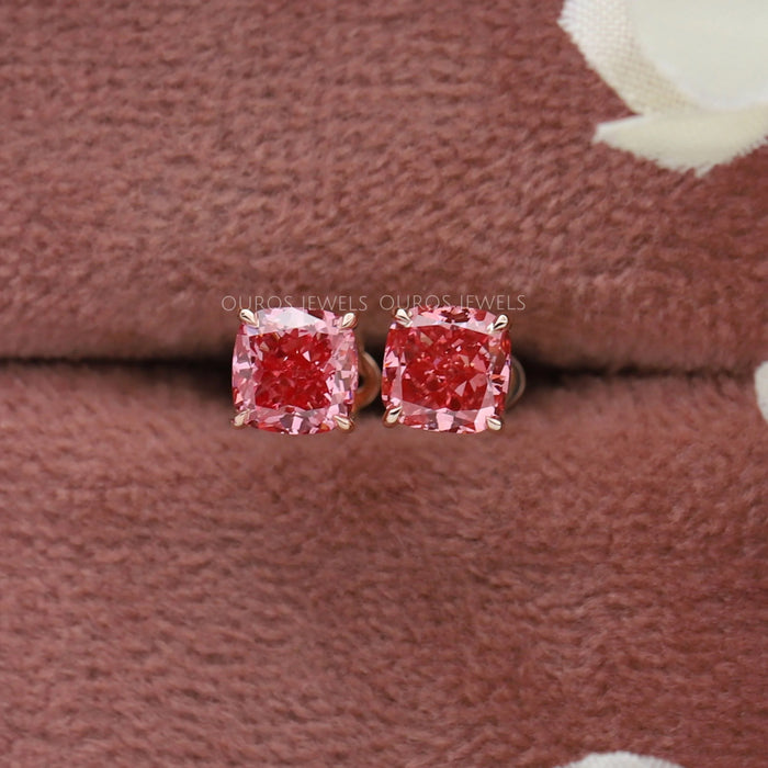 Fancy Pink Cushion Cut Diamond Stud Earrings