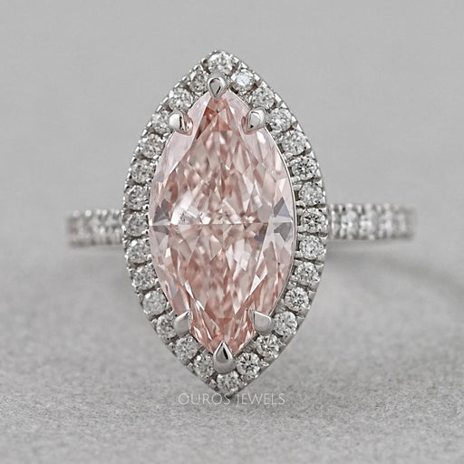 top view of pink marquise cut lab diamond halo engagement ring