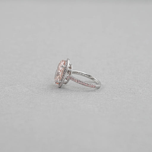 side view of fancy pink oval cut lab diamond halo engagement ring