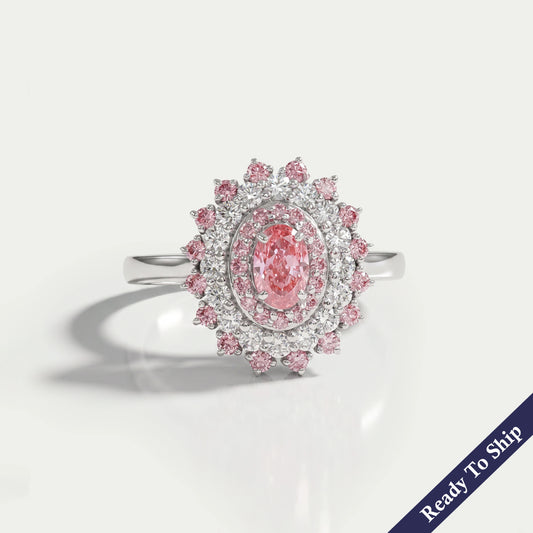 Pink Oval Cut Lab Diamond Double Halo Engagement Ring Ring