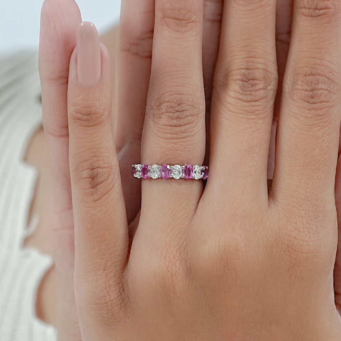 Pink Oval Lab Gemstone Eternity Band Ring