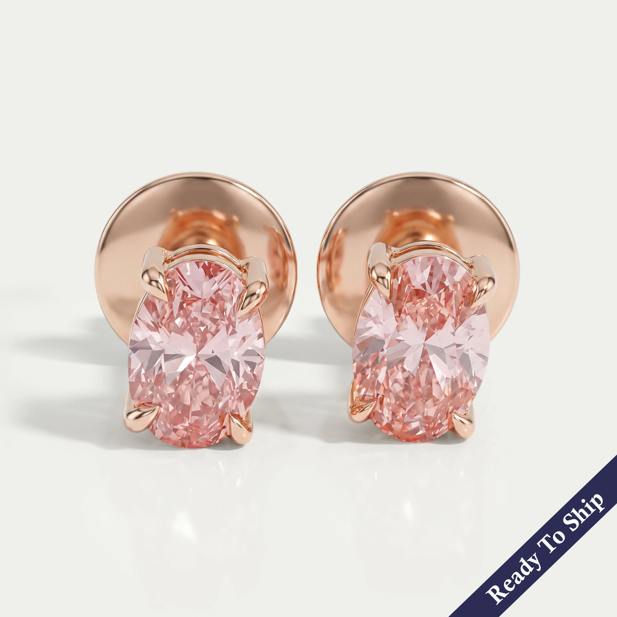 Fancy Pink Stud Earrings, 14K Yellow Gold Oval Stud Earrings
