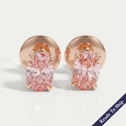 Fancy Pink Stud Earrings, 14K Yellow Gold Oval Stud Earrings