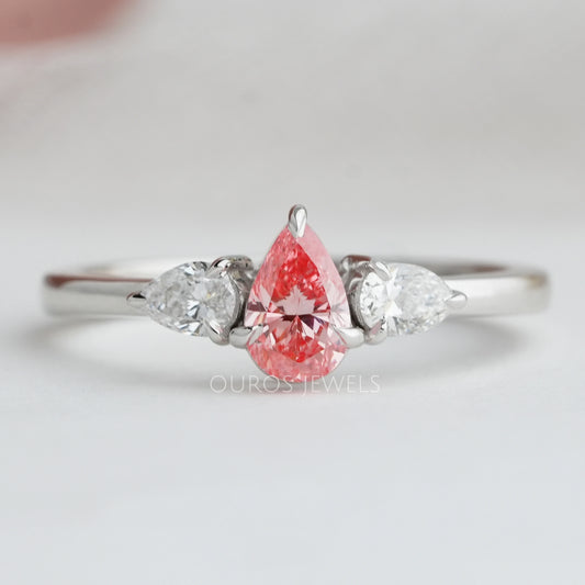 Pink Pear Cut Lab Diamond Three Stone Ring