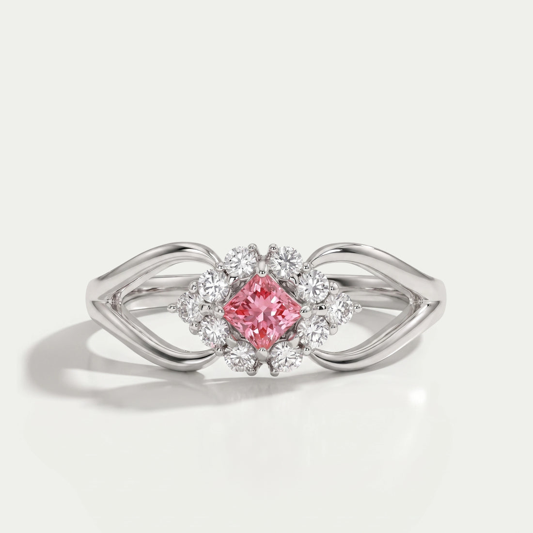 Pink Princess Cut Halo Split Shank Ring