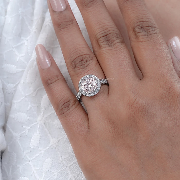 Pink Round Cut Lab Diamond Halo Ring With Diamond Accent