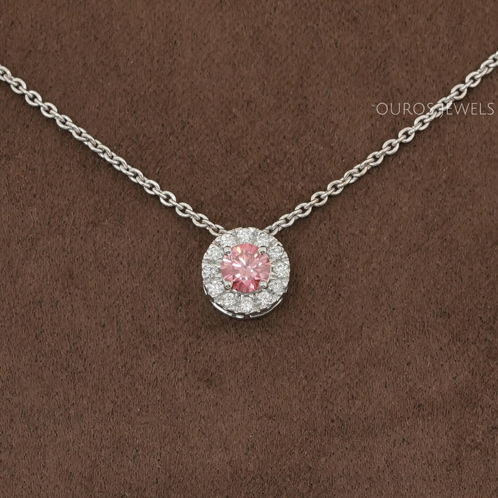 Pretty Pink Sapphire and Halo Diamond Pendant