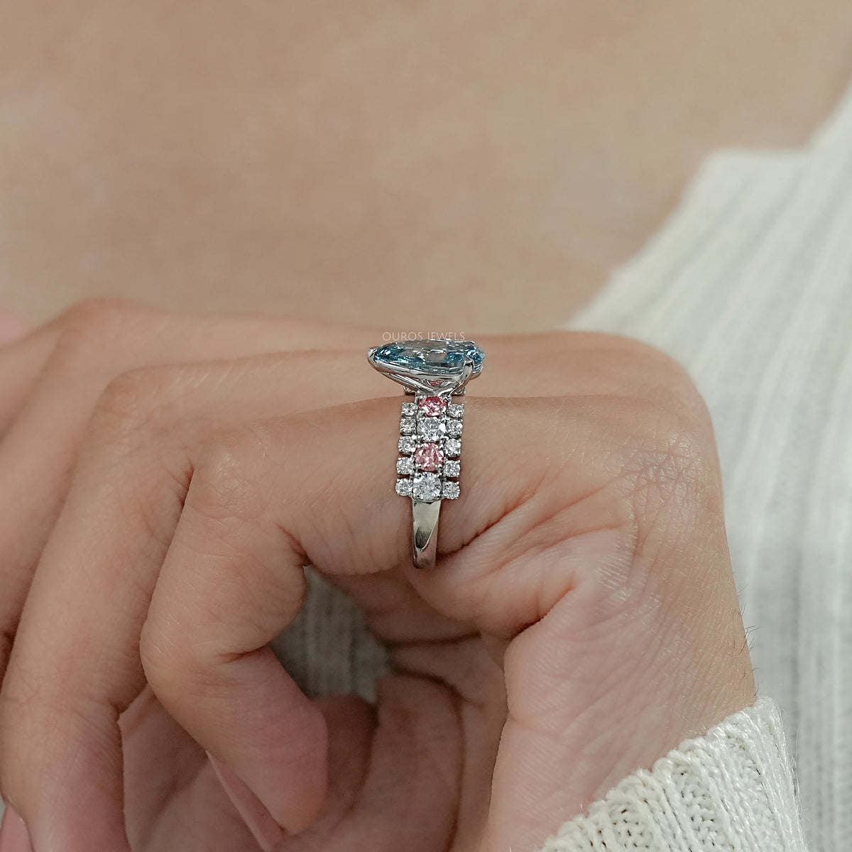Fancy Blue Pear Lab Diamond Accent Cocktail Ring Ring