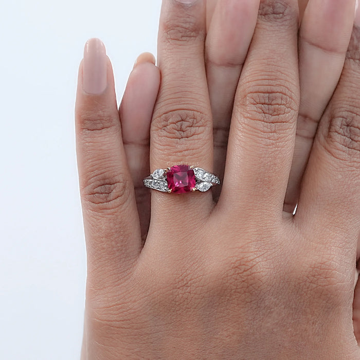 Ruby Cushion Gemstone And Lab Diamond Split Shank Ring