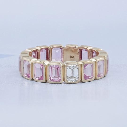 Pink Emerald Cut Sapphire With Lab Diamond Bezel Set Eternity Band