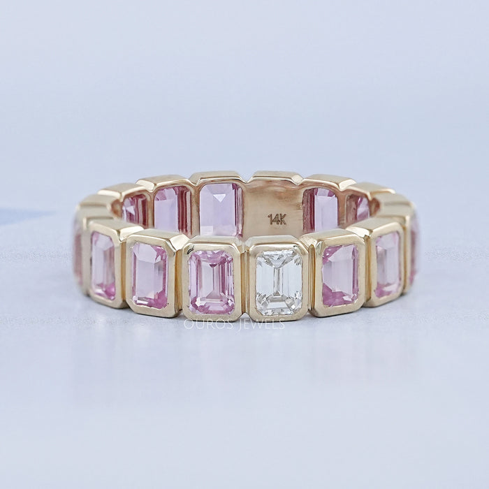 Pink Emerald Cut Sapphire With Lab Diamond Bezel Set Eternity Band