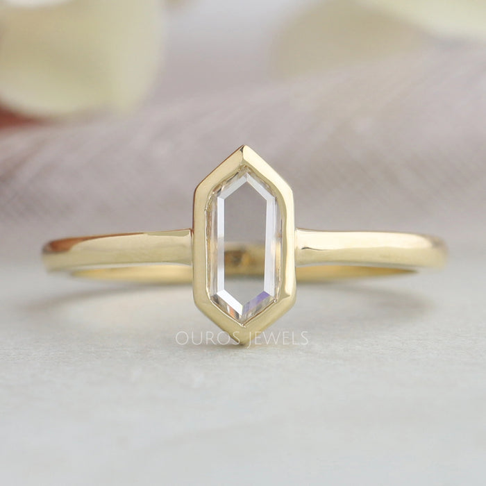 top view of hexagon portrait cut diamond solitaire wedding ring