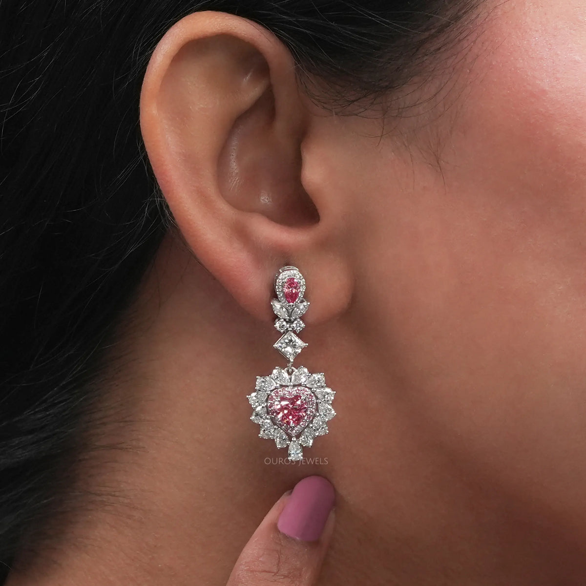 Pink Heart Cut Double Halo Drop Dangle Earrings Earrings